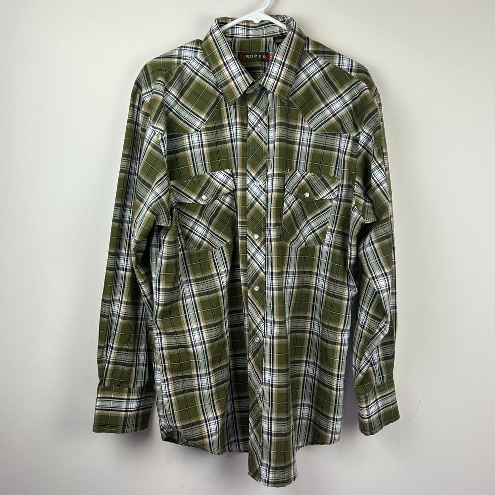 Roper Green White Plaid Pearl Snap Cowboy Western Shirt XL - Picture 5 of 12